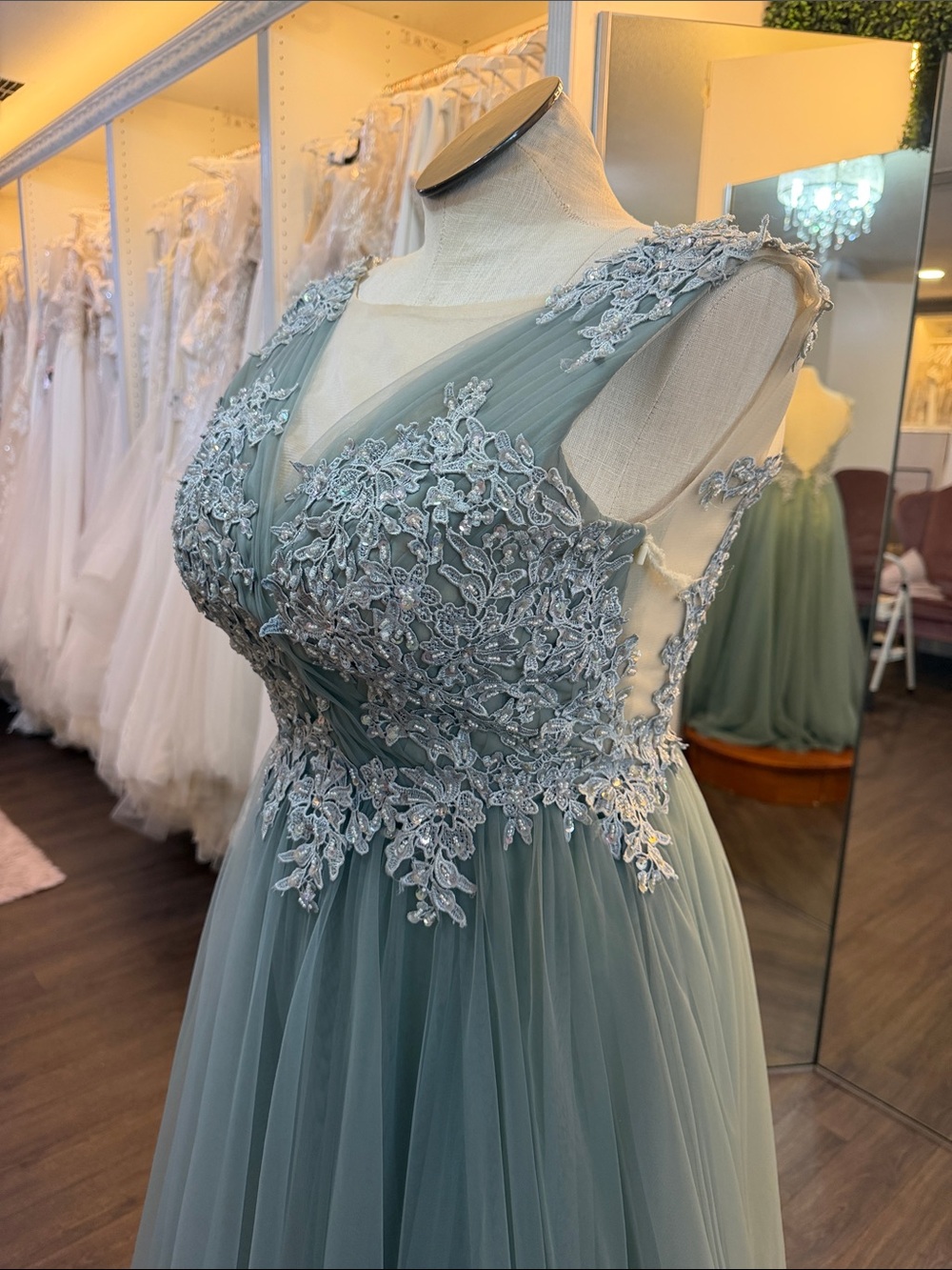 Elegant Sage dusty teal Green Tulle Evening Dress with Lace Appliqué - Picture 5 of 11